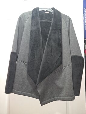 Open Front Faux-Fur Trim Cardigan Jacket - Charcoal Gray